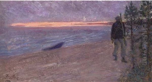 A Hunter On The Shore At Sunset Oil Painting by Yuri Il'ich Repin