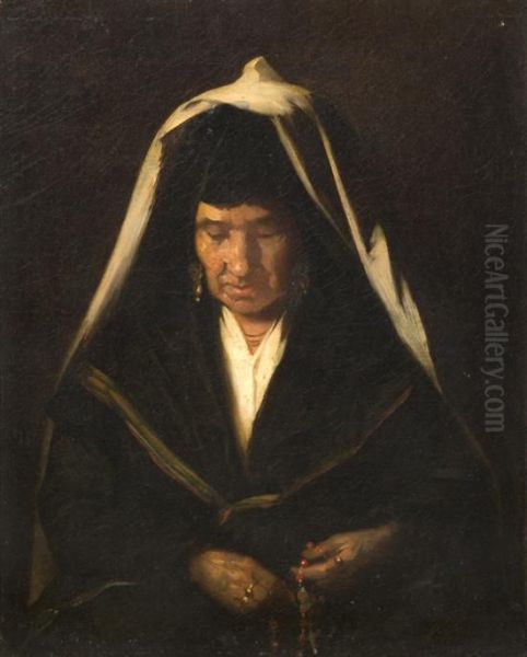 Old Woman With Rosary Beads Oil Painting by Francois Bonvin