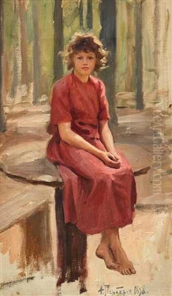 Girl In A Red Dress Oil Painting by Fjodor Ivanovitch Rerberg