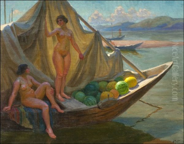 Bathing In The River Volga Oil Painting by Fjodor Ivanovitch Rerberg