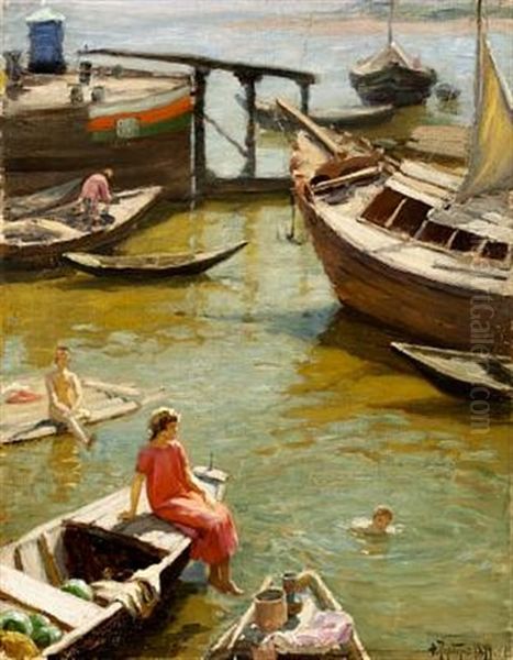 Harbour Scene With Bathing Women Oil Painting by Fjodor Ivanovitch Rerberg