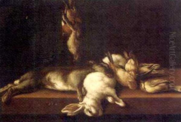 Two Dead Hares And Dead Songbirds On A Table Oil Painting by Arcangelo Resani