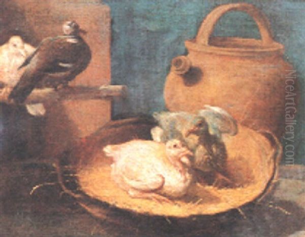 Quattro Volatili Ed Una Giara In Un Interno Oil Painting by Arcangelo Resani