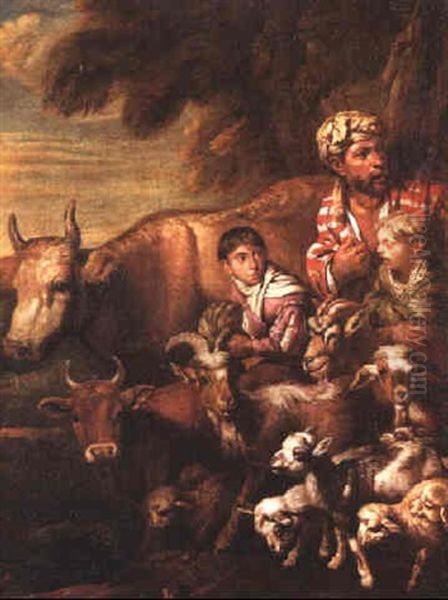 A Cowherd With His Two Sons And Livestock Oil Painting by Arcangelo Resani