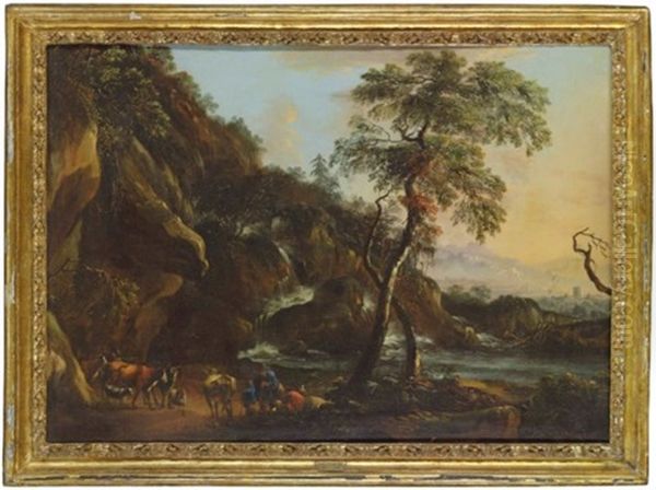 A Rocky River Landscape With Travellers Resting By A Waterfall Oil Painting by Pandolfo Reschi