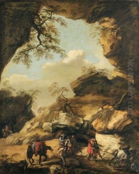 A Rocky Landscape With Soldiers Oil Painting by Pandolfo Reschi