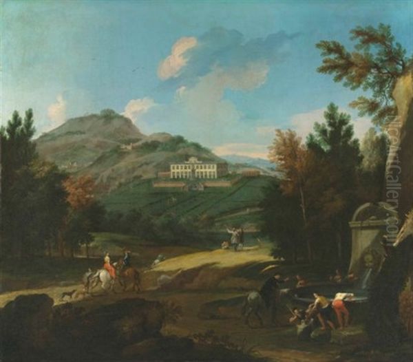 Villa Del Barone At Montemurlo, Prato, With Travellers Oil Painting by Pandolfo Reschi