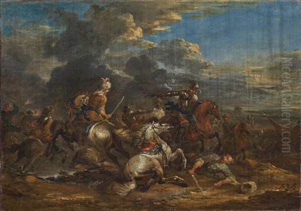 An Equestrian Fight Oil Painting by Pandolfo Reschi