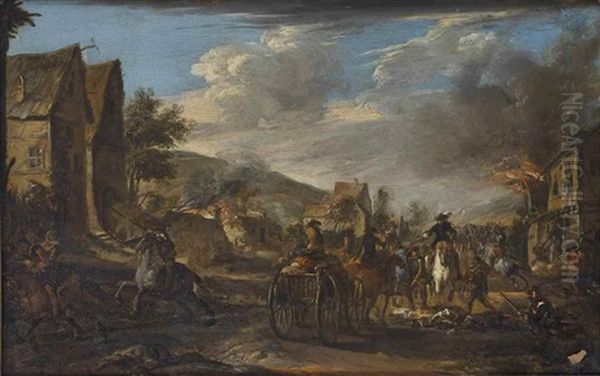 Soldiers Plundering A Village Oil Painting by Pandolfo Reschi