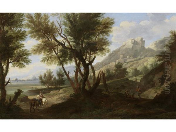 An Italianate Landscape With Travellers On A Country Path, A Hillside Town In The Distance Oil Painting by Pandolfo Reschi