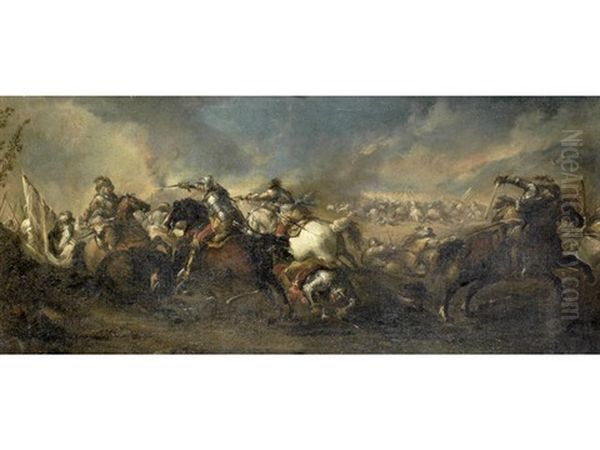 A Cavalry Skirmish Before A Montainous Landscape (+ A Cavalry Skirmish With A Town In The Distance; Pair) Oil Painting by Pandolfo Reschi