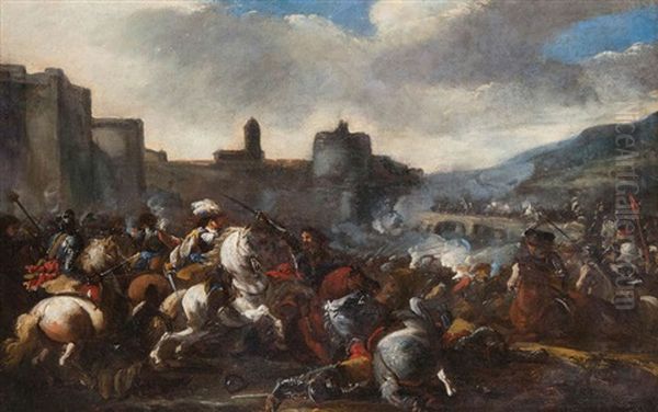 Scene De Cavalerie Pres D'une Ville Fortifiee Oil Painting by Pandolfo Reschi