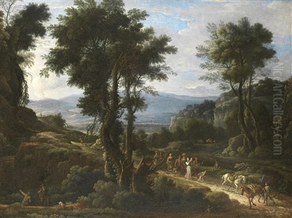 An Italianate Landscape With Huntsmen In The Foreground And A Procession Of Travellers On A Path Beyond Oil Painting by Pandolfo Reschi