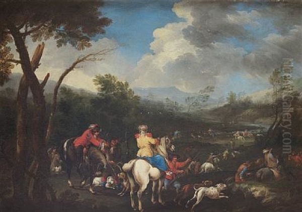 Elegant Figures Departing For The Hunt, Before An Open Landscape Oil Painting by Pandolfo Reschi