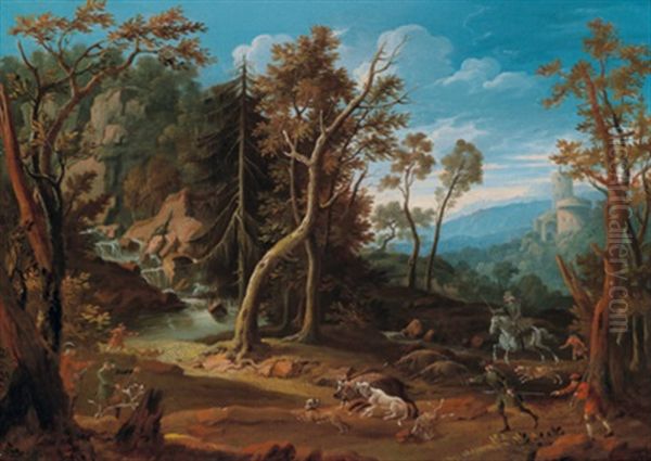 Eine Saujagd In Einer Bewaldeten Landschaft In Der Nahe Eines Wasserfalls Oil Painting by Pandolfo Reschi