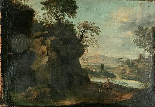 Travellers By A Cave In An Extensive Landscape Oil Painting by Pandolfo Reschi