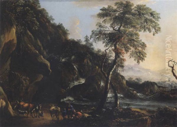 Paesaggio Con Cascata, Pastori E Mandria Oil Painting by Pandolfo Reschi