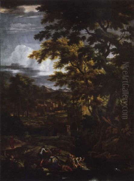 Paesaggio Fluviale Appenninico, Con Un Borgo Classico In Lontananza E Astanti In Primo Piano Oil Painting by Pandolfo Reschi