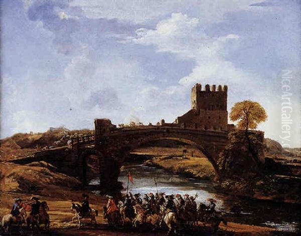 Paesaggio Romano Presso Il Ponte Nomentano Con Soldati Oil Painting by Pandolfo Reschi