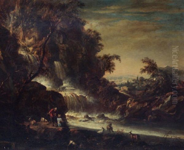 A River Landscape With Figures Tending Goats Before A Waterfall, A Town In The Distance by Pandolfo Reschi