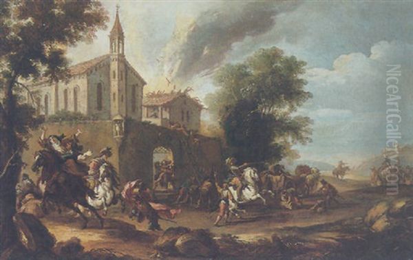 Landscape With Soldiers Looting A Nunnery Oil Painting by Pandolfo Reschi