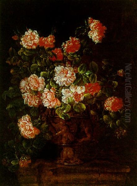 Still Life Of Roses In An Ormolu Vase With Putti, Resting Upon A Ledge Oil Painting by Pandolfo Reschi