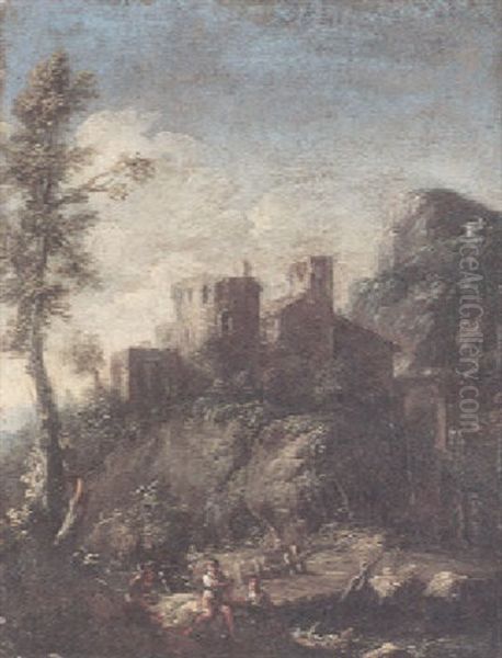 A Landscape With Ruins And Figures Resting By A Footbridge In The Foreground Oil Painting by Pandolfo Reschi