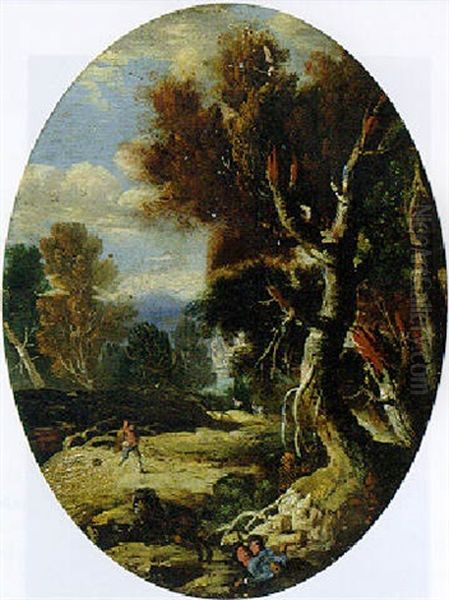 A Wooded Landscape With A Horseman Attacked By Brigands On A Track by Pandolfo Reschi