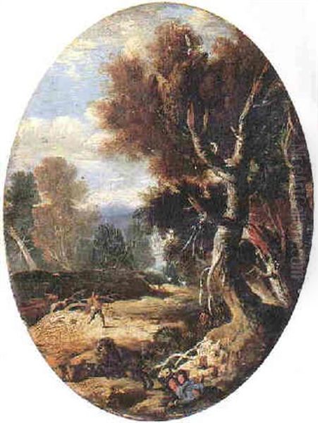 A Rider Being Thrown From His Mount In A Wooded Landscape Oil Painting by Pandolfo Reschi