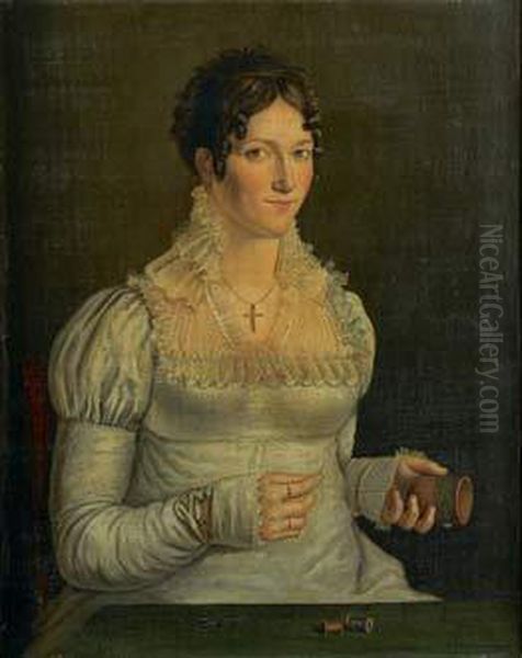 Portrait D'une Jeune Femme Faisant De La Dentelle Oil Painting by Benoist Benjamin Bonvoisin