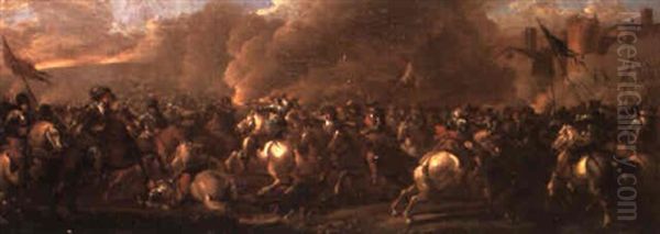 A Cavalry Skirmish Before A Fortified Town Oil Painting by Pandolfo Reschi