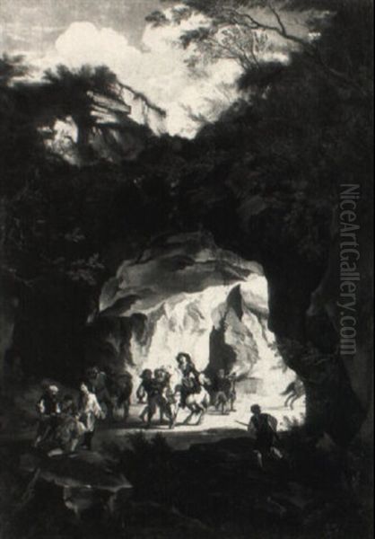 Rocky Landscape With Horsemen Being Ambushed By Bandits Oil Painting by Pandolfo Reschi