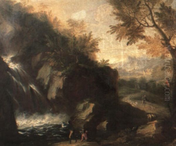 Arcadian Landscape With Figures Fishing Beside A Waterfall Oil Painting by Pandolfo Reschi