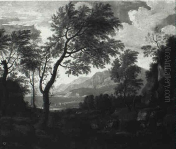 Classical Landscape With Hunters Oil Painting by Pandolfo Reschi