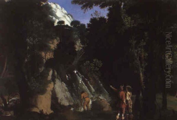 Woodland Scene With Soldiers Standing Before A Waterfall Oil Painting by Pandolfo Reschi