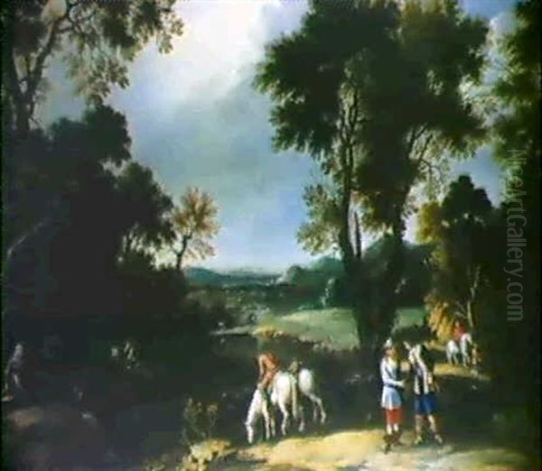 Weite Bewaldete Flusslandschaft Mit Figuren Oil Painting by Pandolfo Reschi