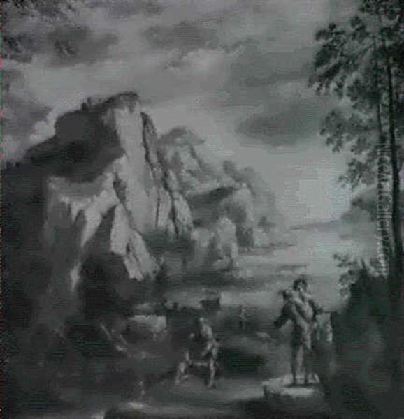 A Rocky Italianate Landscape With Banditti by Pandolfo Reschi