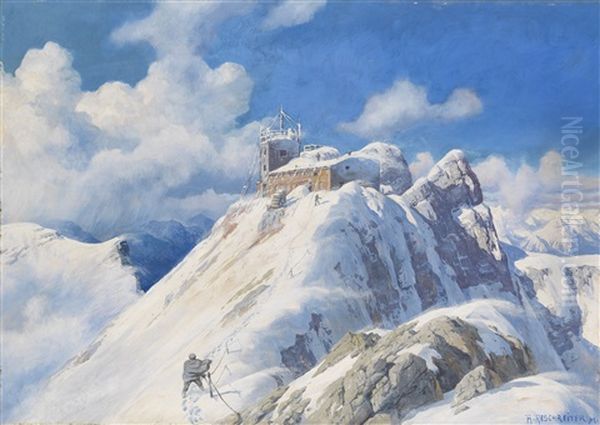 Der Zugspitzgipfel Mit Wetterwarte Und Munchner Haus Oil Painting by Rudolf (Robert) Reschreiter