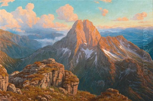 Evening Light On The Hofats Near Obersdorf Oil Painting by Rudolf (Robert) Reschreiter