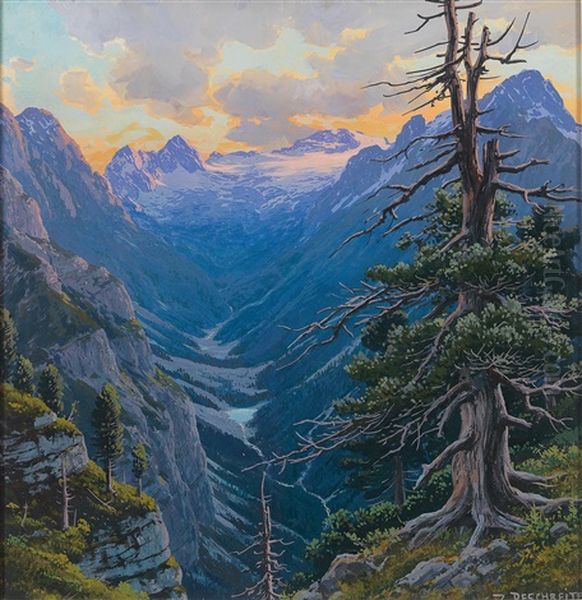 View From Konigsschlos Am Schachen To The Zugspitze And Reintal Towards Evening Oil Painting by Rudolf (Robert) Reschreiter