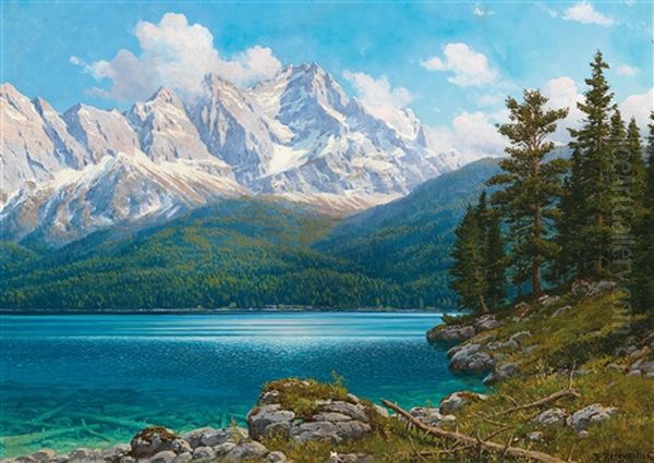 View Over The Eibsee To The Zugspitze Oil Painting by Rudolf (Robert) Reschreiter