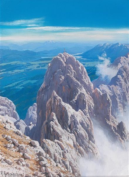 View Of The Dreitorspitze In The Wetterstein With The Panorama Of Walchensee And The Benediktenwand Through To The Isartal Oil Painting by Rudolf (Robert) Reschreiter