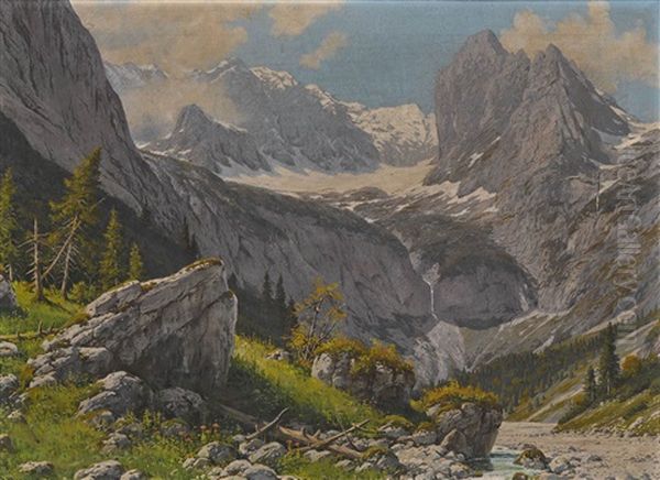 Blick Durch Das Hollental Auf Die Zugspitze Oil Painting by Rudolf (Robert) Reschreiter