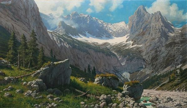 Hollental With Zugspitze Oil Painting by Rudolf (Robert) Reschreiter