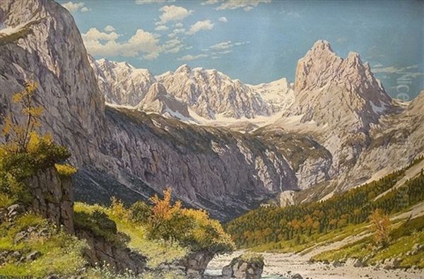 Hollental Mit Zugspitze Oil Painting by Rudolf (Robert) Reschreiter