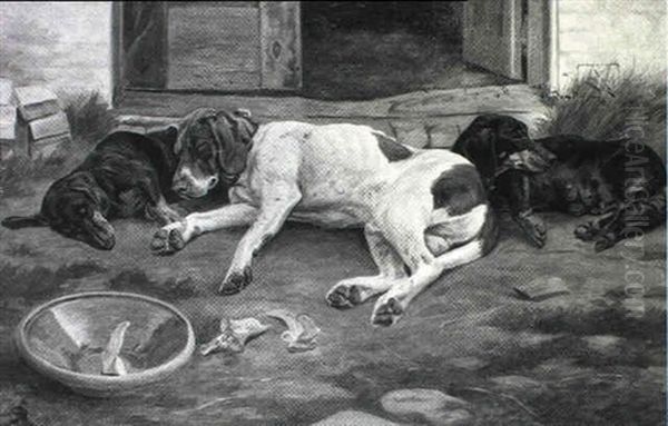 Pointer Og To Gravhunde Far Sig En Lur Pa Gardspladsen Oil Painting by Johannes Resen-Steenstrup