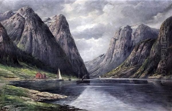 View Of A Norwegian Fjord Oil Painting by Theodor Ludwig Adam Restorff