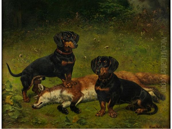 Zwei Dackel Mit Erlegtem Fuchs Oil Painting by Caspar Von Reth