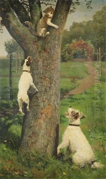 Chat Dans Un Arbre Attaque Par Deux Chiens Oil Painting by Caspar Von Reth