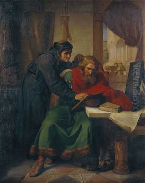 Alkuin Lehrt Kaiser Karl Den Grossen Das Schreiben Oil Painting by Otto Rethel